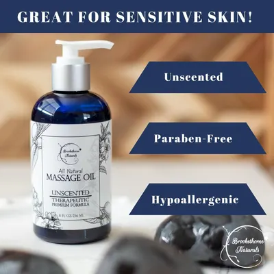Highlights multiple benefits of the massage oil that make it suitable for sensitive skin, reassuring potential buyers about its gentleness and safety.
