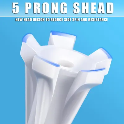 Highlights the new 5 prong head design that reduces side spin and resistance, improving the product's performance.