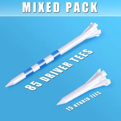 Shows the contents of the mixed pack, highlighting the different types of golf tees included to appeal to golfers who use various clubs.
