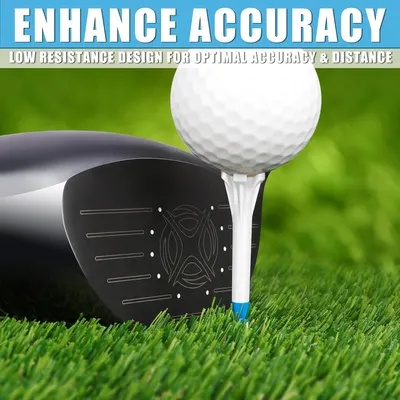 Highlights the golf club's low resistance design to improve shot accuracy and distance.