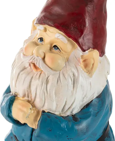 Shows a close-up of a decorative garden gnome to highlight its whimsical design and colorful appearance.