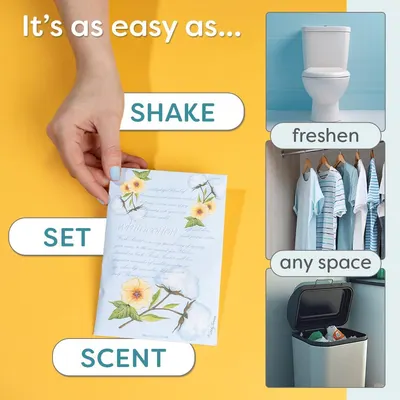 Demonstrates the simple 3-step process to use the product for freshening various spaces. Shows different areas where the product can be used: bathroom, closet, and trash bin.