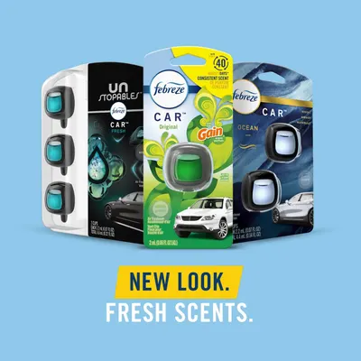 Showcases the variety of car air freshener scents available, highlighting the new packaging design. Emphasizes the product's updated appearance and variety of fragrances to attract customers looking…
