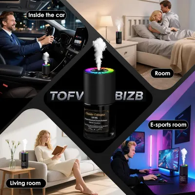 Demonstrates the product's versatility by showing its use in multiple settings: car, bedroom, living room, and gaming room.
