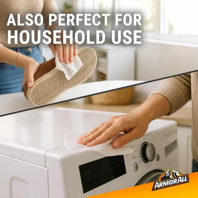Demonstrates the versatility of the product by showing it can be used for both household cleaning tasks and shoe care.