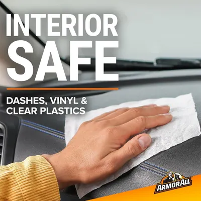 Highlights that the product is safe for cleaning car interiors, specifically mentioning dashes, vinyl, and clear plastics.