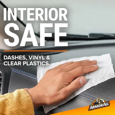 Highlights that the product is safe for cleaning car interiors, specifically mentioning dashes, vinyl, and clear plastics.