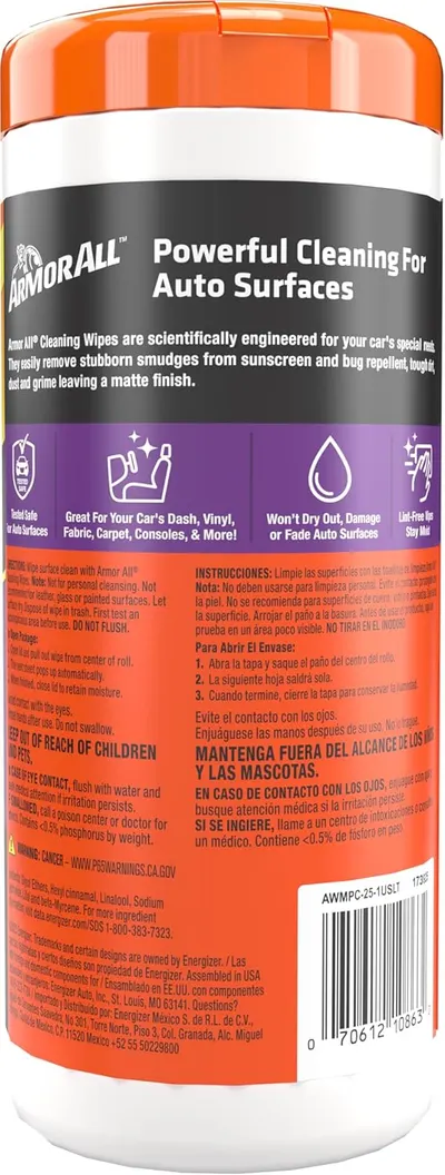 Highlights multiple benefits of the cleaning wipes, including versatility for different car surfaces and safety for auto materials.