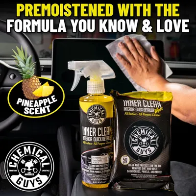 Highlights multiple benefits of the product including its premoistened formula, pineapple scent, and versatility as an all-purpose interior cleaner.