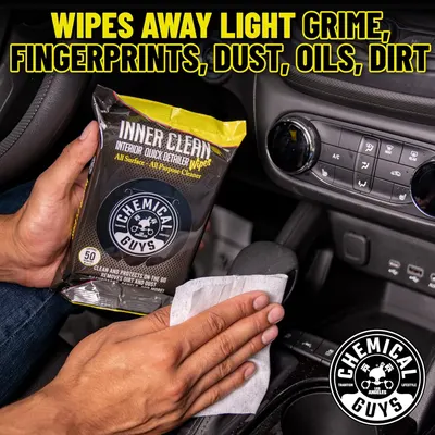 Highlights the product's ability to clean multiple types of dirt and grime from various surfaces in a car interior.