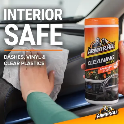 Highlights that the product is safe for use on car interior surfaces like dashes, vinyl, and clear plastics.