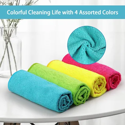 Showcases the product's range of bright colors and highlights the microfiber material quality to appeal to customers looking for versatile and effective cleaning cloths.