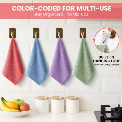 Highlights the product's color-coding for easy organization and built-in hanging loop for convenient storage and drying.