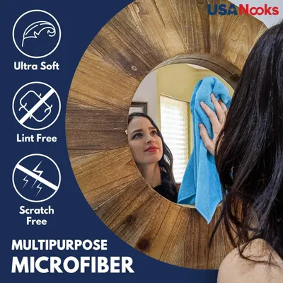 Highlights multiple key features of the microfiber cloth to demonstrate its versatility and quality for various cleaning tasks.