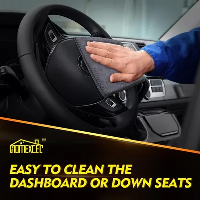 Demonstrates how to easily clean the car's dashboard and seats using the product. Highlights the product's ability to easily clean car interiors, focusing on its effectiveness on dashboards and seats.