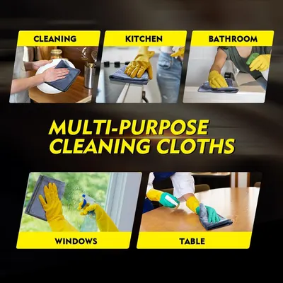 Demonstrates the versatility of the cleaning cloths by showing their use in various areas of the home.
