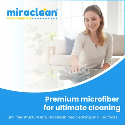 Highlights the product's premium microfiber material for superior cleaning performance, emphasizing streak-free results on all surfaces.