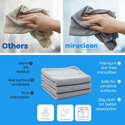 Competitor comparision showing that our brand does not leave lint residue, does not scratch and absorbs very well. Also highlights size / absorption differences. 