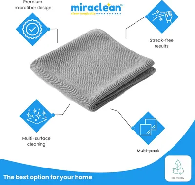 Highlights multiple key features and benefits of the Miraclean microfiber cloth to demonstrate its versatility and effectiveness for various cleaning tasks.