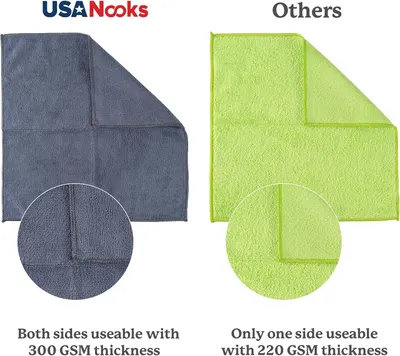 Highlights the superior quality and usability of USANooks towels compared to other brands, emphasizing the double-sided usability and higher GSM thickness.