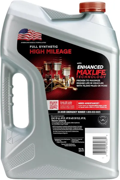 Highlights the product's ability to maximize engine life for high-mileage vehicles and its advanced technology for superior performance.