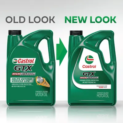 Showcases the updated packaging design of Castrol GTX motor oil, highlighting the brand's evolution and modernization.