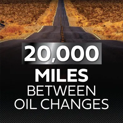 Highlights the extended oil change interval of 20,000 miles to emphasize the product's longevity and low maintenance requirements.