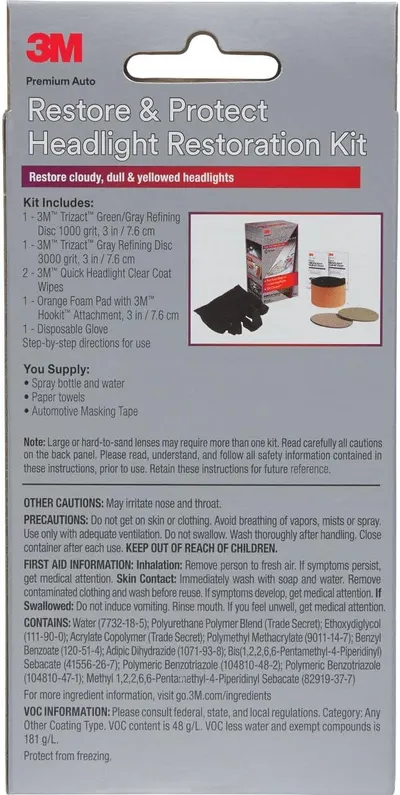 Shows all items included in the headlight restoration kit, helping customers understand what they're getting and how to use it.