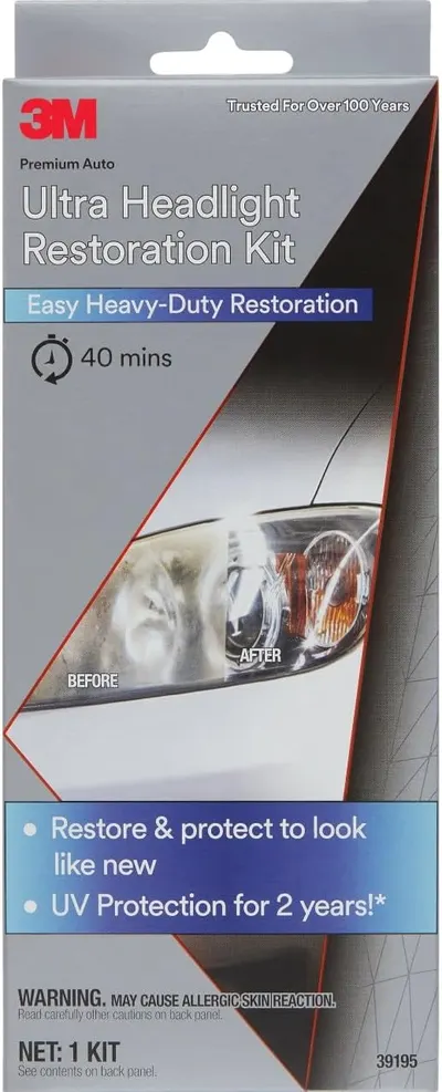 Demonstrates the effectiveness of the headlight restoration kit by showing a dramatic before and after comparison.