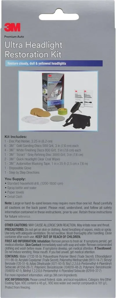Shows all the items included in the 3M Ultra Headlight Restoration Kit, helping customers understand what they'll receive and the completeness of the solution.