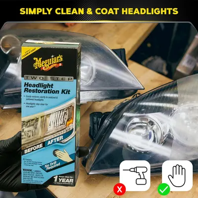 Demonstrates the effectiveness of the headlight restoration kit by showing the difference between oxidized and restored headlights. Illustrates the simplicity…