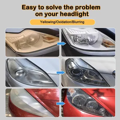 Demonstrates the effectiveness of a headlight restoration product by showing clear before and after comparisons of yellowed, oxidized headlights becoming…