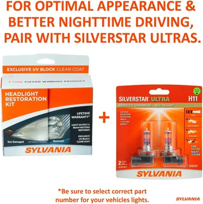 Showcases the combined benefits of using the headlight restoration kit with Silverstar Ultra bulbs for optimal appearance and better nighttime driving.