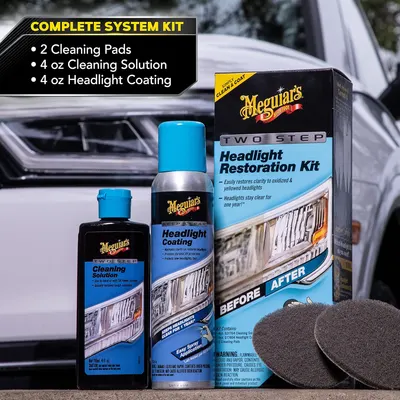 Shows all components included in the headlight restoration kit, reassuring customers they have everything needed for the task. Demonstrates the effectiveness…