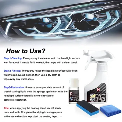 Provides step-by-step instructions on how to clean and restore car headlights using a specific product.