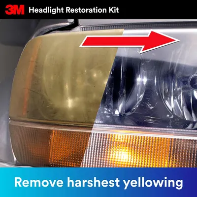 Demonstrates the effectiveness of the 3M Headlight Restoration Kit by showing a dramatic before and after comparison of a yellowed, foggy headlight versus a…