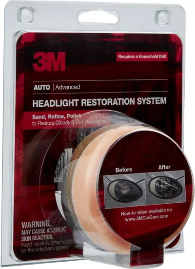 Demonstrates the effectiveness of the headlight restoration system by showing cloudy headlights before use and clear headlights after use.