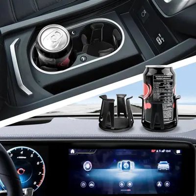 Highlights the product's ability to securely hold different sizes of beverage containers in a vehicle, improving convenience and safety while driving.