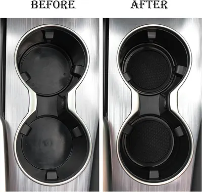 Demonstrates the transformation of a car's cup holders by installing non-slip liners, showing improved functionality and aesthetics.