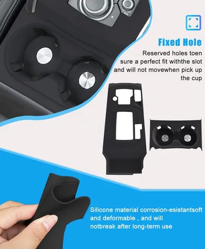 Highlights the product's fixed hole design for a secure fit and durable silicone material for long-term use. Emphasizes how the product ensures a perfect fit with the car's cup holder slot and won't…