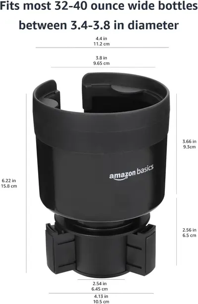 Provides exact dimensions and compatibility information for the cup holder, helping shoppers understand if it will fit their specific bottles and vehicle cup holders.