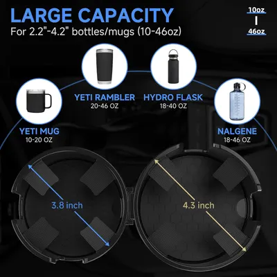 Communicates the product's versatility in accommodating a wide range of bottle and mug sizes, from 10 oz to 46 oz. Shows compatibility with popular bottle brands like Yeti, Hydro Flask, and Nalgene…