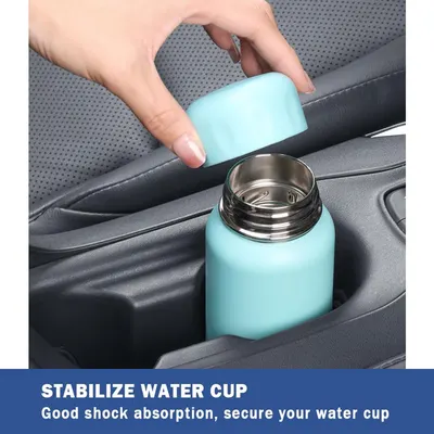 Demonstrates how the product stabilizes a water cup in a car cup holder, highlighting its shock absorption capability.