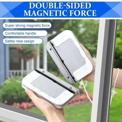 Highlights multiple key features of the double-sided magnetic window cleaner to demonstrate its effectiveness and ease of use.