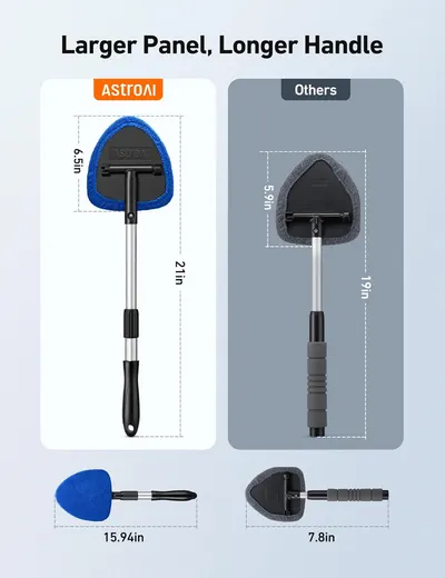 Demonstrates the superior size and reach of the AstroAI product compared to other brands, highlighting its larger cleaning surface and extended handle for better usability.
