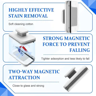 Highlights multiple key features of the product: its effectiveness in stain removal, strong magnetic force to prevent falling, and two-way magnetic attraction for secure attachment to glass surfaces.