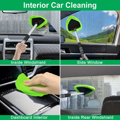 Demonstrates how to use the product to clean different areas inside a car, including windows, dashboard, and windshields. Shows the versatility of the product by illustrating its use on various car…