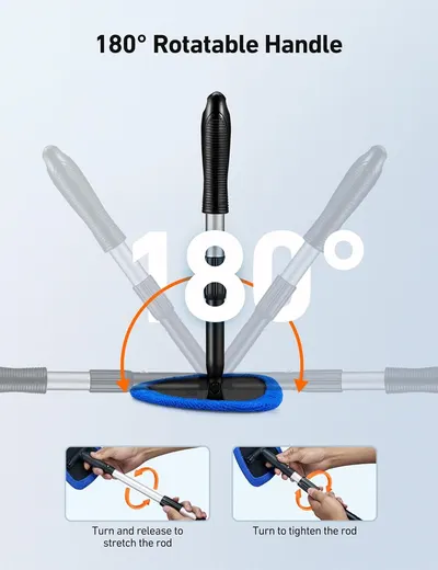 Demonstrates the product's flexible handle that can rotate 180 degrees, allowing for easier cleaning in hard-to-reach areas.