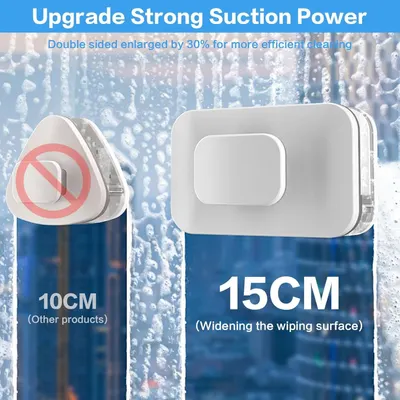 Highlights the product's improved suction power and larger cleaning surface for more efficient cleaning.