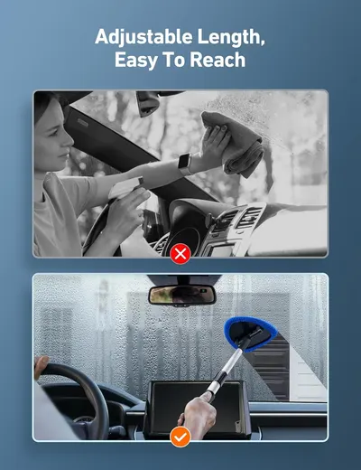 Highlights the product's adjustable length feature, making it easy to reach and clean car windshields.